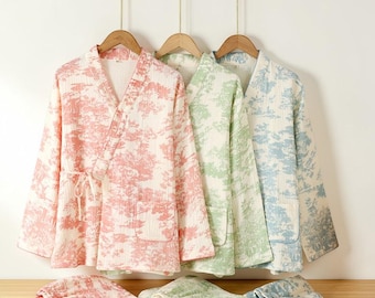 Organic Cotton Kimono Pajama Set | Toile Double Gauze Sleepwear | Breathable Women Lounge Nightwear