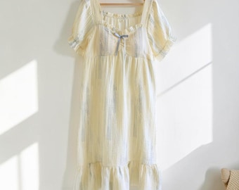 Blå bomullsnattlinne för kvinnor | Volangkantad kortärmad sovplagg | Lätta sommarloungekläder