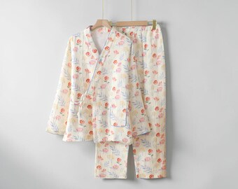 100% Cotton Floral Pajama Set – Watercolor Long Sleeve Sleepwear, Soft Loungewear for Women