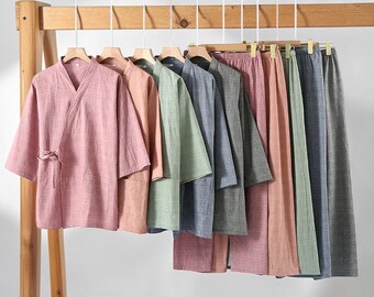 Cotton Kimono Pyjama Set | Unisex Japanese Style Loungewear | Soft All Season Sleepwear