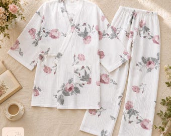 Cotton Kimono Pajama Set | Soft Gauze Loungewear | Minimalist Japanese Sleepwear