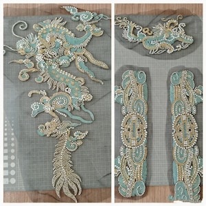 Dragon Beaded Sequin Mesh Lace Embroidery Applique,Sew on Costume Design patch, cheongsam decor one set