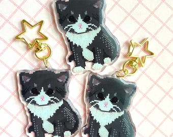 Pixel Art Tuxedo Cat acrylic keychain black and white cat pixelated bag charm