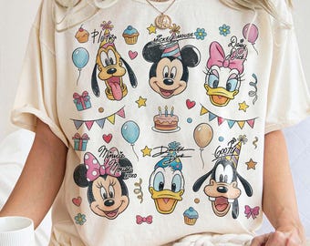 Watercolor Mickey & Friends Signature Birthday Shirt, Disney Mickey Minnie Donald Pluto Birthday Present Gift Tee, Disneyland Family Trip