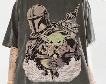 Vintage Star Wars The Mandalorian And Grogu Poster T-Shirt, Grogu Bounty Hunter Shirt, 90s Style Star Wars Shirt, Star Wars Fans Gift Tee