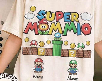 Personalised Super Mummio T-Shirt, Retro Mario Gaming Personalized Mother's Day T Shirt, Mom Mummy Women's Birthday Best Gift for Moms Top