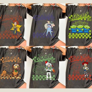 Retro Toy Story Characters Checkered Shirt, Woody, Buzz, Jessie, Bo Peep Tee image 2