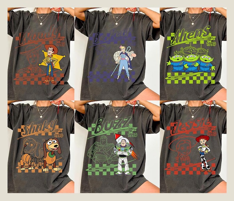 Retro Toy Story Characters Checkered Shirt, Woody, Buzz, Jessie, Bo Peep Tee image 2