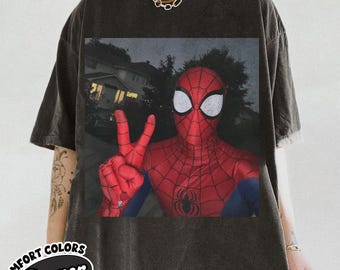 Spider-Man Peace Sign Graphic Comfort Colors Shirt, Retro Marvel Tee, MCU Fan Gift, Spiderman Graphic Tee, Marvel Trip Tee