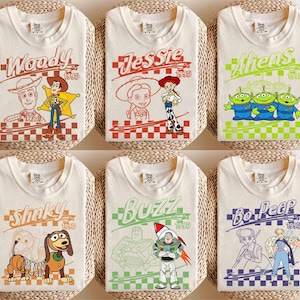 Retro Toy Story Characters Checkered Shirt, Woody, Buzz, Jessie, Bo Peep Tee image 1
