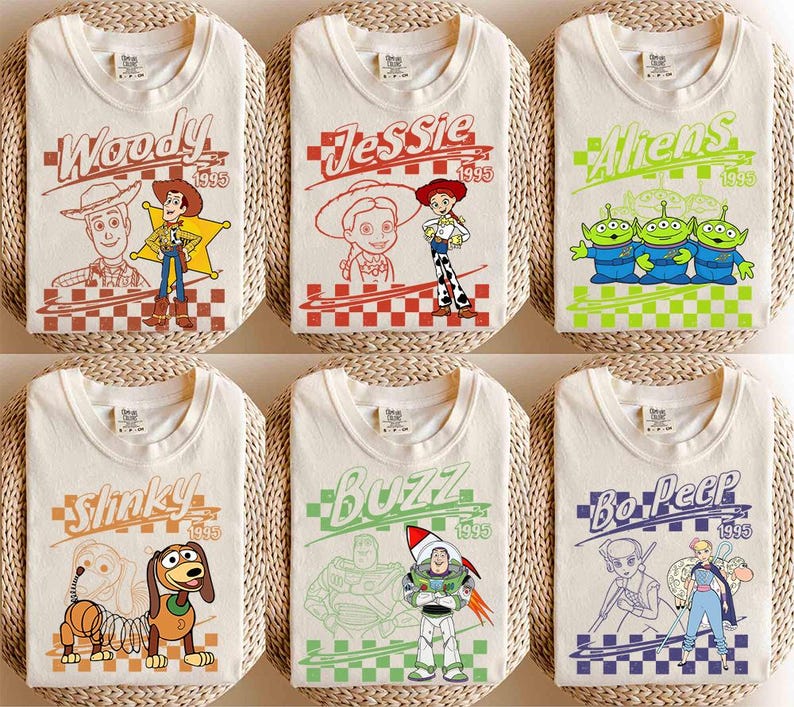 Retro Toy Story Characters Checkered Shirt, Woody, Buzz, Jessie, Bo Peep Tee image 1