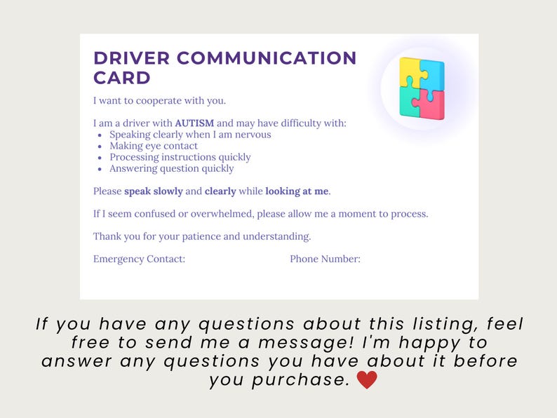 Autism Driver Communication Card – Traffic Stop Aid (digital Download ...