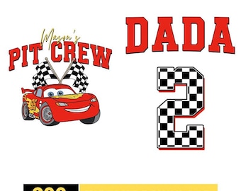 PNG personalizzato per compleanno in famiglia con auto da corsa, due PNG veloci per compleanno, Pit Crew Mama Dada, download digitale personalizzato per compleanno in famiglia a Disneyland