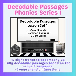 May include: An educational graphic with the text "Decodable Passages Phonics Series I." The image shows a whiteboard with "Decodable Passages Lesson Set 1" and bullet points listing basic sounds, common digraphs, and sight words. Additional text includes "-5 sight words to accompany 28 fully decodable passages based on the scope & sequence -Comprehension Questions."