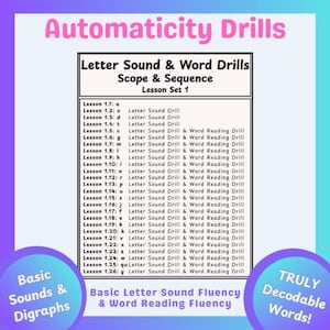Può includere: Un grafico educativo colorato intitolato "Automaticity Drills" con "Letter Sound & Word Drills" e "Scope & Sequence". Il grafico include una serie di lezioni con esercizi di suoni di lettere e lettura di parole. Il grafico include anche il testo "Basic Sounds & Digraphs" e "TRULY Decodable Words!"