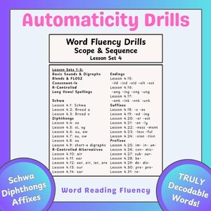 May include: An educational chart titled "Automaticity Drills" with "Word Fluency Drills" and "Lesson Set 4." The chart lists phonics topics like digraphs, vowel spellings, and suffixes. Two circular graphics read "Schwa Diphthongs Affixes" and "TRULY Decodable Words!"