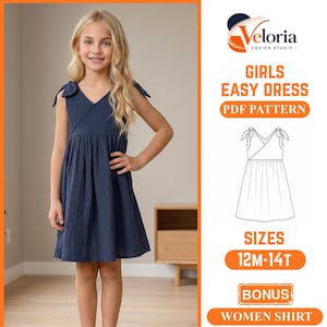 May include: A navy blue sleeveless dress with a wrap-style bodice, tie-shoulder straps, and a gathered skirt. The image includes text: Veloria Design Studio, Girls Easy Dress PDF Pattern, Sizes 12M-14T, Bonus Women Shirt.
