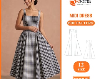 Midi Kleid Schnittmuster PDF: Karree Hals Gingham A-Linie Stil - Digitaler Download für Frauen