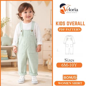 May include: A digital product listing for a kids overall PDF pattern by Veloria Design Studio. The image shows a child wearing light green corduroy overalls with two front pockets and brown buttons, paired with a white long-sleeve shirt.