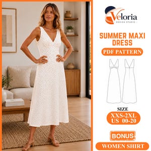 Può includere: Un abito lungo bianco senza maniche con scollo a V e un motivo discreto. L'immagine include il testo Veloria Design Studio, Summer Maxi Dress, PDF Pattern, Size XXS-2XL US 00-20, Bonus e Women Shirt con un disegno tecnico.