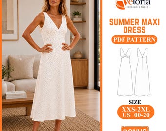 Summer Maxi Dress Sewing Pattern PDF: V-Neck A-Line Sundress Template, Women's Summer Dress, XXS-2XL, Beginner Friendly