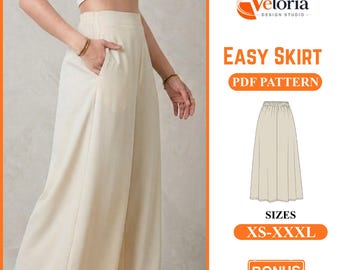Easy Skirt PDF Sewing Pattern, High Waisted Maxi Skirt with Pockets, Digital Download Womens Clothing Pattern, Size XS to XXXL