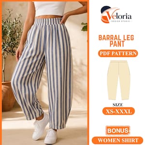 Op de afbeelding: Broek met hoge taille en een verticaal blauw-wit strepenpatroon, voorzien van een elastische tailleband en wijde pijpen. De tekst luidt Veloria Design Studio, Barral Leg Pant, PDF Pattern, Size XS-XXXL, Bonus, Women Shirt.