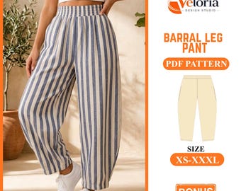 Barrel Leg Pants Sewing Pattern PDF: Elastic Waist Lounge Trousers | Beginner Friendly Women’s pdf Pattern XS–XXXL