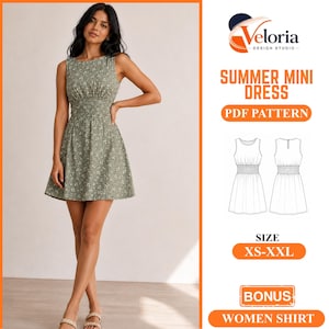 May include: A sage green mini dress with a small white floral pattern, featuring a sleeveless bodice, a gathered round neckline, and a smocked waistline. The image includes text: Veloria Design Studio, Summer Mini Dress PDF Pattern, Size XS-XXL, Bonus Women Shirt.