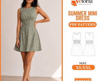 Summer Mini Dress Sewing Pattern: Shirred Waist Digital pdf- Size XS-XXL Women's Dress Tutorial