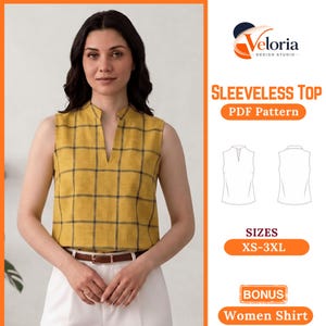 Könnte beinhalten: Eine Frau trägt ein gelbes ärmelloses Oberteil mit schwarzem Karomuster und einem braunen Gürtel. Das Bild enthält den Text "SLEEVELESS TOP PDF Pattern" und die Größenangabe "XS-3XL". Der Bonus beinhaltet ein "Women Shirt" Schnittmuster.