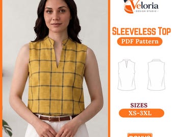Sleeveless Notched Collar Top PDF Sewing Pattern | Women's V-Neck Plaid Shirt (XS-3XL) (Digital Download)