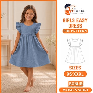Puede incluir: Un vestido azul con mangas de volantes y falda fruncida. El texto dice Veloria Design Studio, Girls Easy Dress PDF Pattern, Sizes XS-XXXL, Bonus Women Shirt. Un dibujo lineal en blanco y negro del vestido aparece a la derecha.