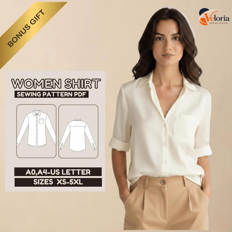 K&ouml;nnte beinhalten: Ein digitales Schnittmuster f&uuml;r ein Hemd mit der Aufschrift WOMEN SHIRT SEWING PATTERN PDF, das technische Strichzeichnungen der Vorder- und R&uuml;ckseite eines Hemdes mit Kragen und langen &Auml;rmeln zeigt. Enth&auml;lt A0, A4 und US Letter f&uuml;r Gr&ouml;&szlig;en XS-5XL.