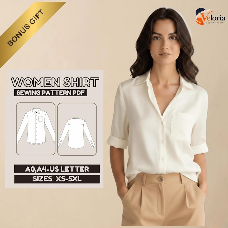 May include: A digital sewing pattern for a shirt, labeled WOMEN SHIRT SEWING PATTERN PDF, featuring technical line drawings of the front and back of a collared shirt with long sleeves. Includes A0, A4, and US Letter formats for sizes XS-5XL.