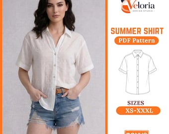 Sommer Shirt PDF Schnittmuster, Button Down Bluse Frauen, Kurzarm Shirt Schnittmuster, Anfänger DIY Digital Download
