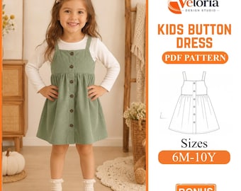 Kids Button Dress PDF Sewing Pattern: Corduroy Pinafore Overall Dress for Toddlers and Girls, Sizes 6M-10Y