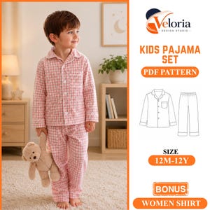 May include: A kids pyjama set PDF pattern by Veloria Design Studio featuring a pink and white gingham button-down long-sleeve shirt and matching trousers. The digital file includes sizes 12M-12Y and a bonus women's shirt pattern design.