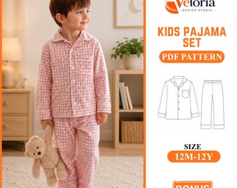 Kinder Pyjama PDF Pattern: Klassische Nachtwäsche mit Knöpfen Schnittmuster, Kleinkind- & Kindergrößen 12 M–12Y