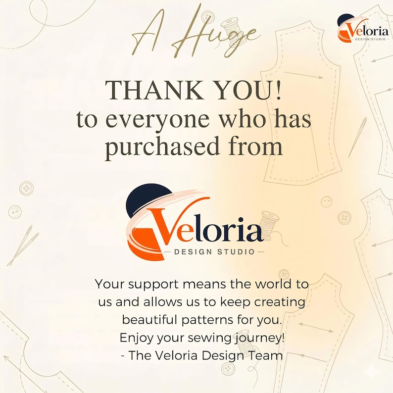 May include: A thank you card from Veloria Design Studio featuring the text A Huge THANK YOU! to everyone who has purchased from Veloria Design Studio. Your support means the world to us and allows us to keep creating beautiful patterns for you.