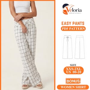 Può includere: Un cartamodello PDF per pantaloni facili in tessuto bianco con motivo a griglia nera, vita alta con coulisse e gambe larghe. La grafica include il testo Veloria Design Studio, Easy Pants, PDF Pattern, Size XXS-2XL US 00-20 e Bonus Women Shirt.