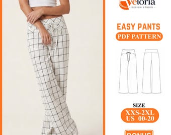 Wide Leg Pants Sewing Pattern PDF: Easy Drawstring Lounge Pants with Side Slit Hem | Women’s XXS-2XL