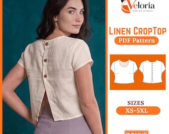 Leinen Crop Top PDF Schnittmuster XS-5XL | Knopf Zurück Sommer Bluse | Digitales Leinen-Sommer-Top-Muster | Minimalistische Vintage Bluse zum Selbermachen