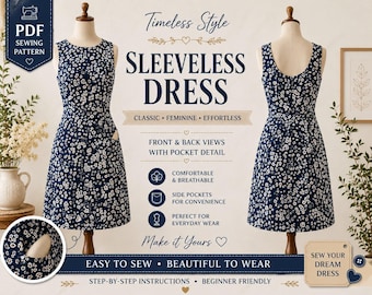 May include: A sleeveless dress sewing pattern featuring a navy blue fabric with a white floral print. The display shows front and back views on mannequins, highlighting side pockets, a round neckline, and text including Timeless Style.