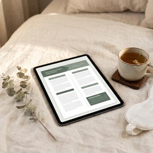 Könnte beinhalten: Ein Tablet mit einem Dokument mit grünen Akzenten liegt auf einem Bett, neben einer Tasse Tee auf einem Holzuntersetzer und einer weißen Augenmaske. Ein Zweig Eukalyptus fügt der Szene eine natürliche Note hinzu.