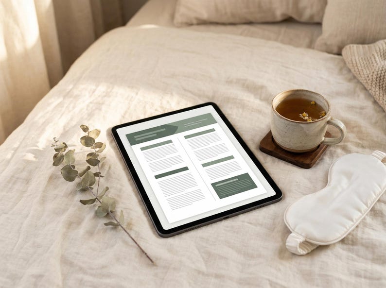 K&ouml;nnte beinhalten: Ein Tablet mit einem Dokument mit gr&uuml;nen Akzenten liegt auf einem Bett, neben einer Tasse Tee auf einem Holzuntersetzer und einer wei&szlig;en Augenmaske. Ein Zweig Eukalyptus f&uuml;gt der Szene eine nat&uuml;rliche Note hinzu.