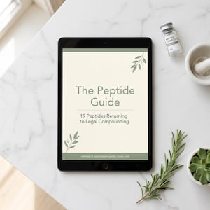May include: A black tablet displays "The Peptide Guide" with text about peptides and legal compounding. A small vial labeled "Peptide Compound" sits near a mortar and pestle, a succulent, and sprigs of rosemary on a marble surface.