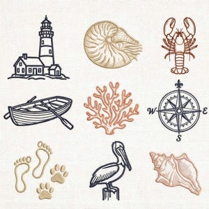 May include: Embroidered nautical-themed designs on a white background. Includes a lighthouse, seashell, lobster, rowboat, coral, compass, footprints, paw prints, pelican, and conch shell. The designs are in shades of brown, black, and coral.