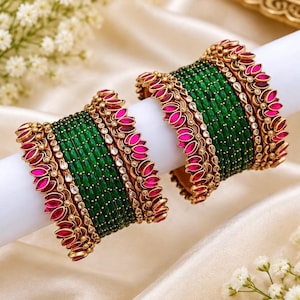 Gröna Kundan Brudarmband Set | Guldpläterade, Rosa Stenaccenter (Indiska Bröllopssmycken)