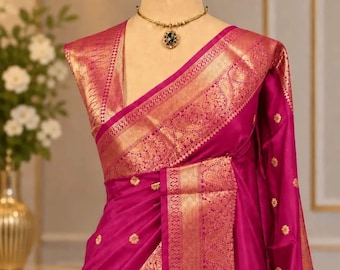 Rani Pink Silk Saree | Traditional Gold Zari Woven South Indian Bridal Wedding Saree.